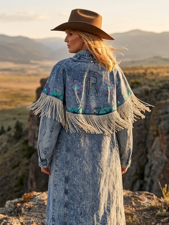 Vintage Jackets & Blazers - Vintage TRAIL DUSTER Denim Leather Fringe with Teal Purple Accents 25" PTP